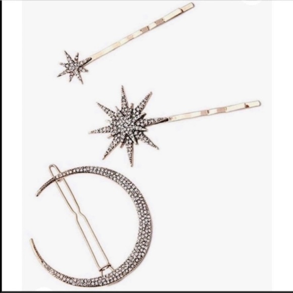 Crystal Crescent Moon And Stars Hairpins in Gold NIB - Picture 2 of 3